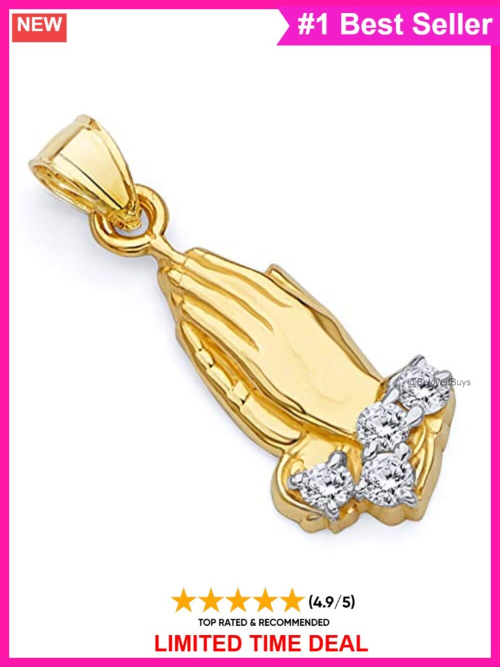 14K Two Tone Gold Praying Hands Charm Pendant Religious